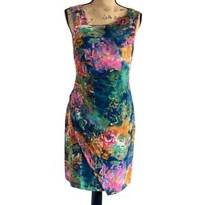 EUC Suzi Chin for Maggy Boutique Multicolor Abstract Tank Side Ruched Dress - Si